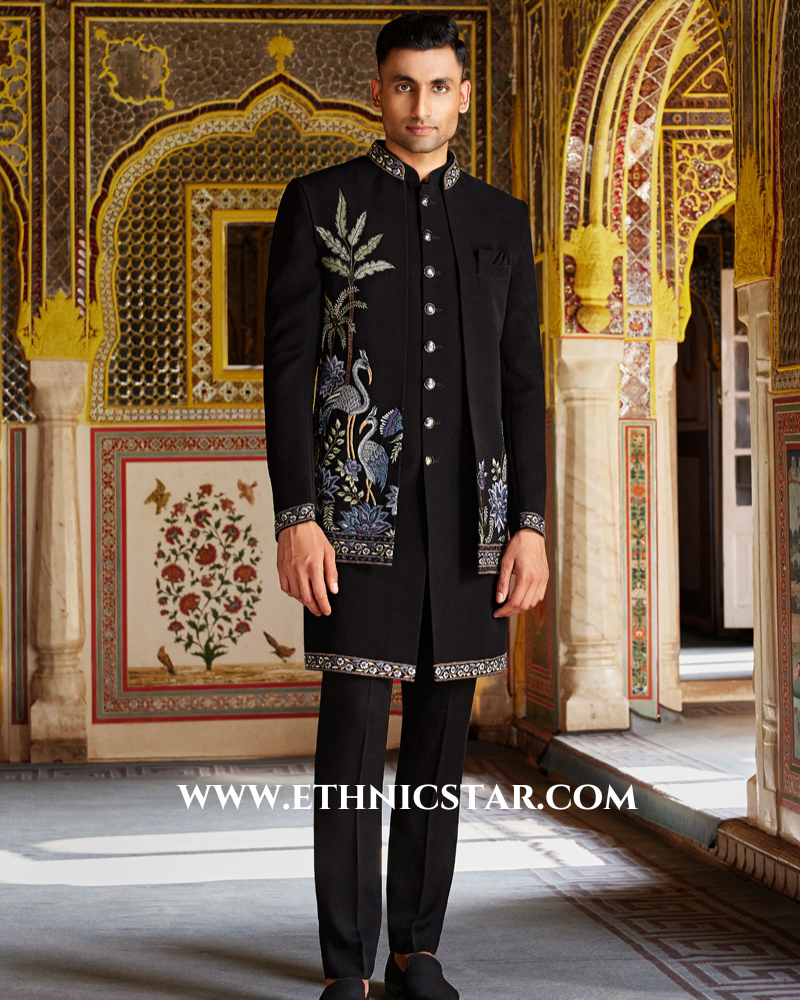 Elegant Black Men Indowestern Jacket Set Ensemble
